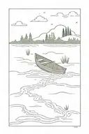 minimalist rowboat floating down a river with little areas of water pooling along each shore periodically.  tattoo design idea