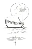 very simple design of a small rowboat floating down a skinny river with little areas of water pooling on each shore tattoo design idea