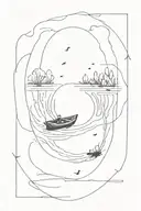 overhead view of a small rowboat floating down a  river with little areas of water pooling on each shore periodically tattoo design idea