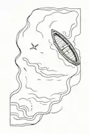 overhead view of a small rowboat floating down a  river with little areas of water pooling on each shore periodically tattoo design idea
