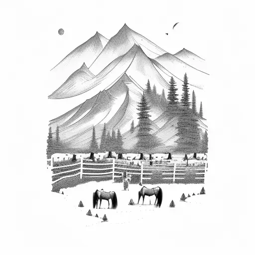 horses with ranch fence and mountains in background  tattoo design idea