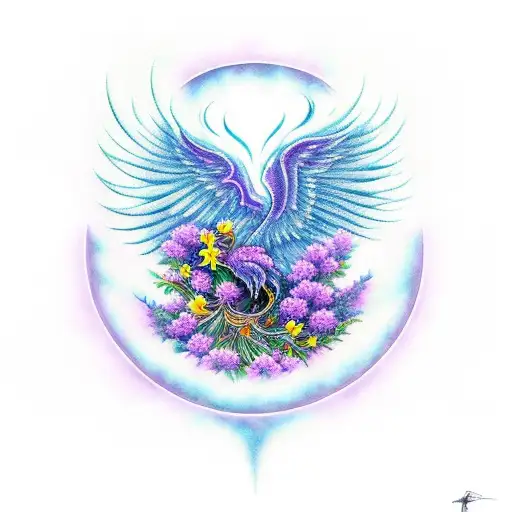 A phoenix rising from the ashes, surrounded by purple flowers and holding a scroll with the names of your kids. tattoo design idea