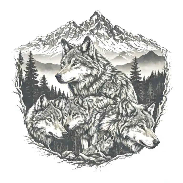 wolf pack mountains tattoo design idea