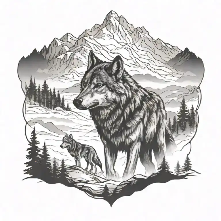 wolf pack in foggy mountains  tattoo design idea