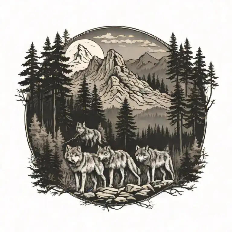 wolf pack in Smokey mountains filled with trees tattoo design idea