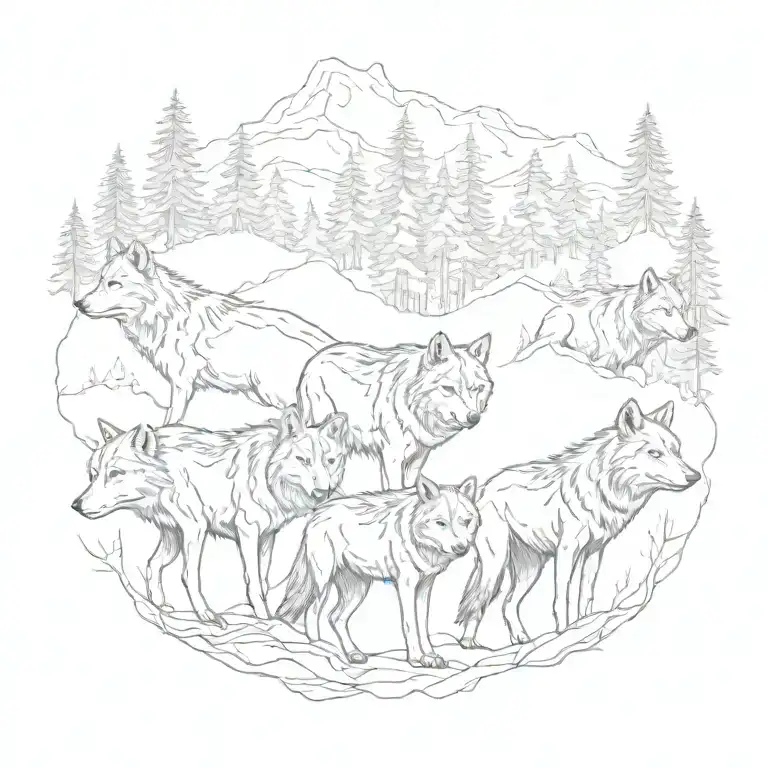 pack of wolves in Smokey mountains  tattoo design idea