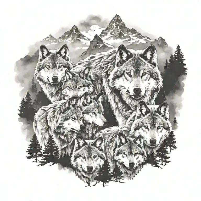 wolf pack in foggy mountains  tattoo design idea