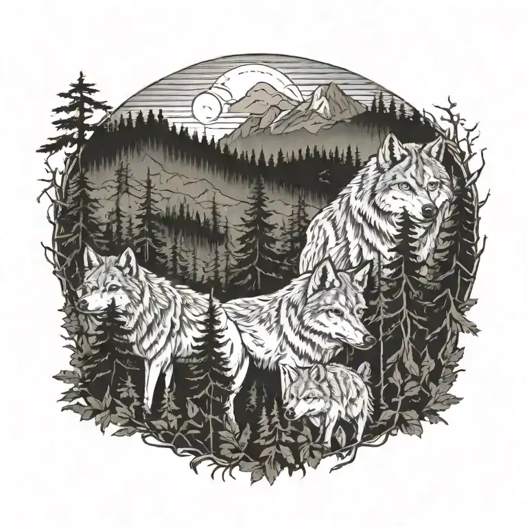 wolf pack in Smokey mountains filled with trees tattoo design idea