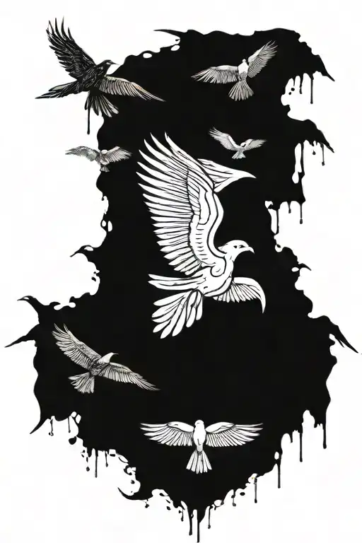 crossed symmetric raven wings with birds flying away tattoo design idea
