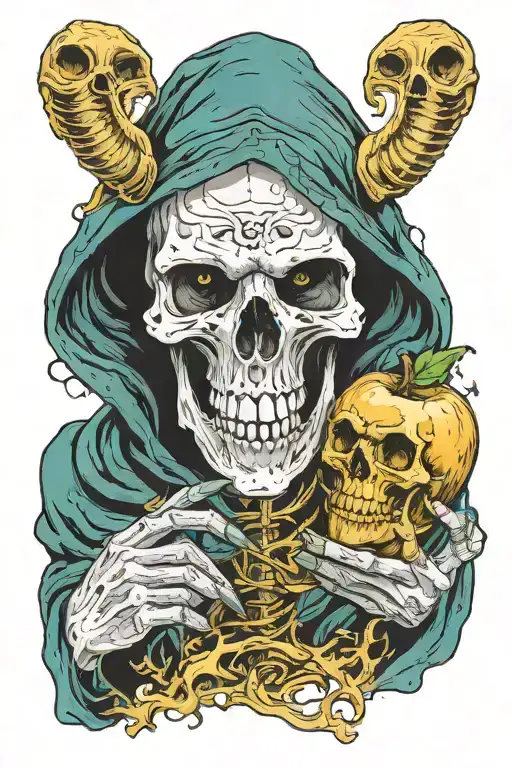 grim reaper with goat skull biting a golden apple surrounded by teal smoke  tattoo design idea