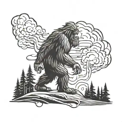 storm clouds and bigfoot with forest silhoutte standing inside tattoo design idea