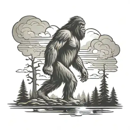 storm clouds and bigfoot with forest silhoutte standing inside tattoo design idea