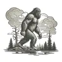 storm clouds and bigfoot with forest silhoutte standing inside tattoo design idea