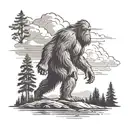 storm clouds and bigfoot with forest silhoutte standing inside tattoo design idea