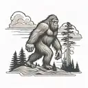 storm clouds and bigfoot with forest silhoutte standing inside tattoo design idea