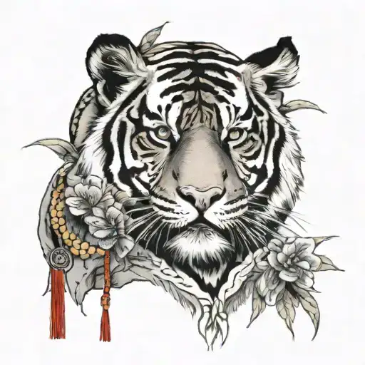 Tiger, flower poenias, bamboo, Chinese coins tied with red cord, water fountain tattoo design idea