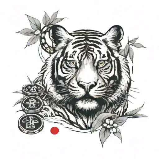 tiger head, bamboo, 4 Chinese coins tied with a red cord, poenia flowers, water fountain tattoo design idea