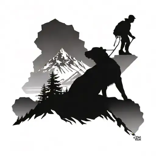 A silhouette of a person hiking up a mountain with their loyal dog by their side, surrounded by abstract art inspired by philosophical concepts tattoo design idea