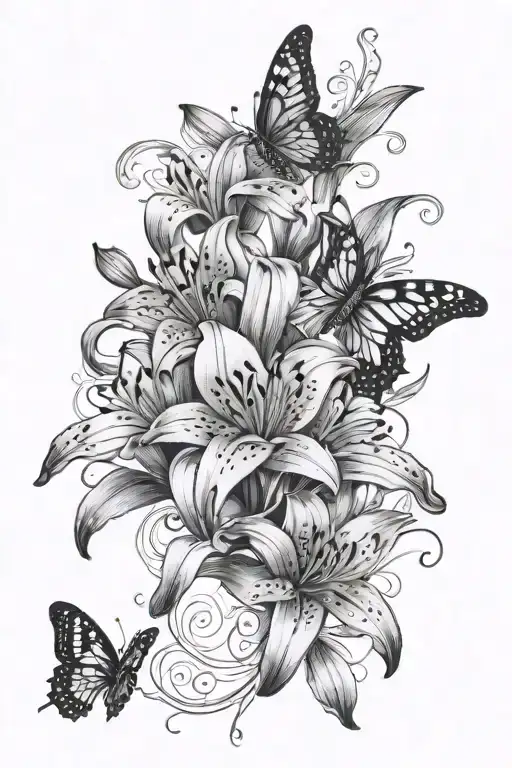 Lily flower with butterflies name's lilly-Marie and Tiffany  tattoo design idea