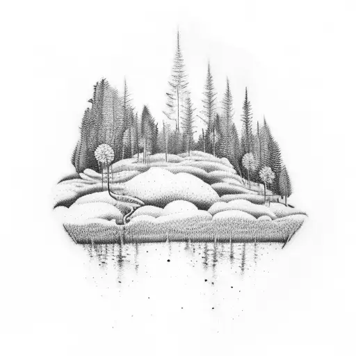 A dotwork tattoo featuring a tranquil forest landscape with a soldier in camouflage, representing finding solace and peace in nature. tattoo design idea