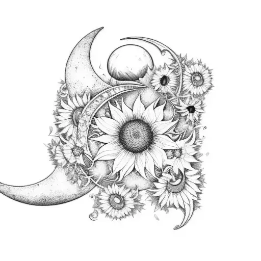crescent moon with sunflower and hibiscus flower and a turquoise gemstone tattoo design idea