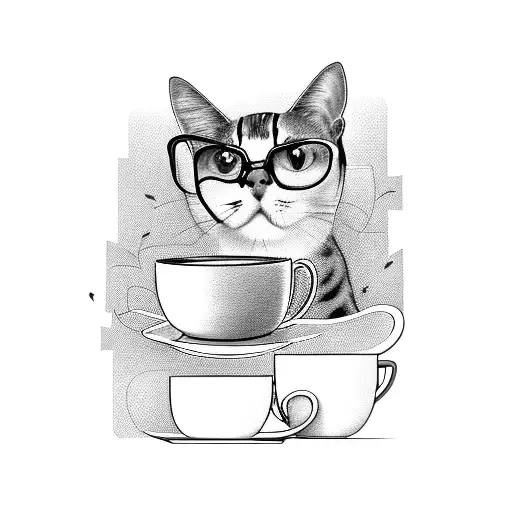 A cat wearing glasses reading a book, with coffee cups and flowers scattered around tattoo design idea