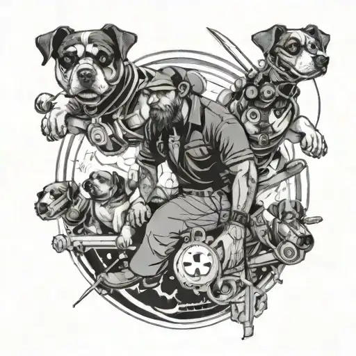A futuristic tattoo of a plumber controlling a high-tech cruise ship with a pack of cybernetic dogs at his side tattoo design idea