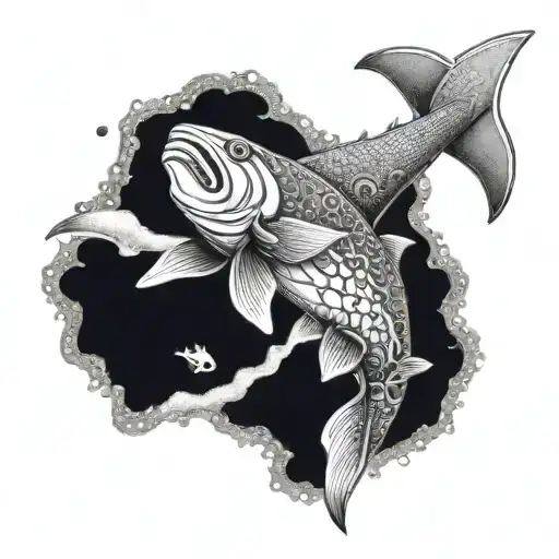 An intricate underwater scene with a plumber's wrench transforming into a cruise ship surrounded by a school of dogfish tattoo design idea