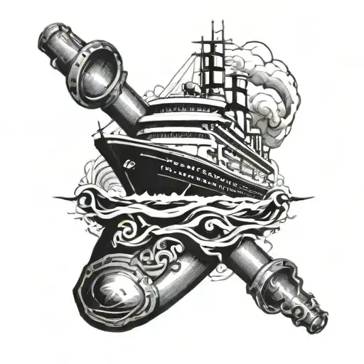 Incorporate a majestic cruise ship sailing on rough seas with intricate pipe designs to represent your occupation as a master plumber tattoo design idea