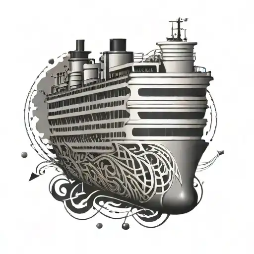 A geometric pattern of interconnected pipes forming the shape of a cruise ship, with stylized dog silhouettes running along the edges tattoo design idea