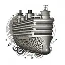 A geometric pattern of interconnected pipes forming the shape of a cruise ship, with stylized dog silhouettes running along the edges tattoo design idea