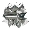 A geometric pattern of interconnected pipes forming the shape of a cruise ship, with stylized dog silhouettes running along the edges tattoo design idea