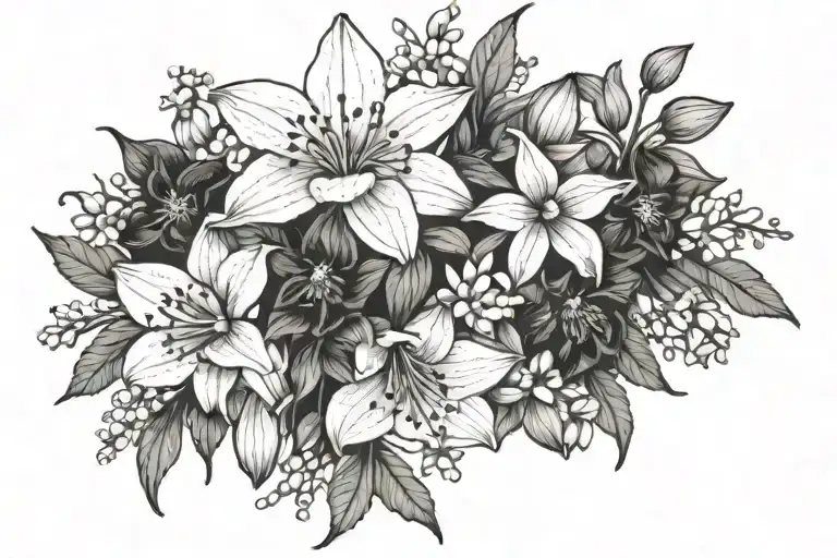 snow drop, daffodil, daisy, lily of the valley, larkspur, morning glory, and cosmos roses, lily tattoo design idea