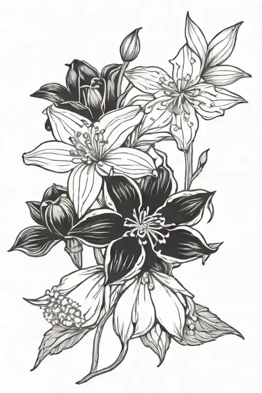 snow drop, daffodil, daisy, lily of the valley, larkspur, morning glory, and cosmos tattoo design idea