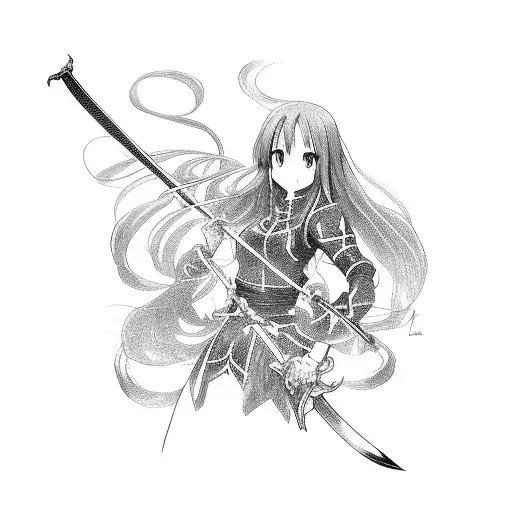 Asuna wielding a sword in a fierce battle tattoo design idea