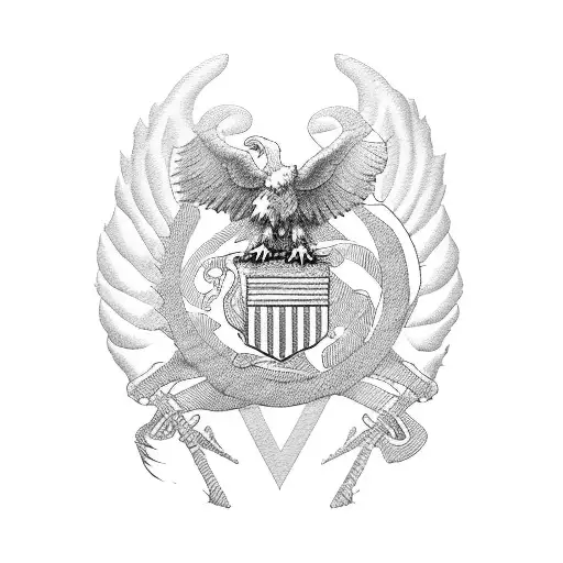An artistic representation of the Marines logo with the eagle and flag, flowing and wrapping around the military boots tattoo design idea