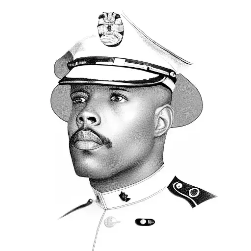 A realistic portrait of Jesse D. Johnson in his Marine uniform, with the words 'Daddy' and '1-25-24' incorporated creatively. tattoo design idea