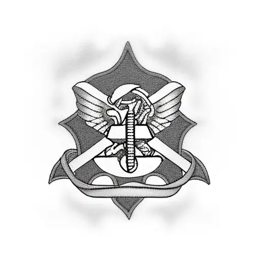 A black-grey tattoo of a Marine Corps emblem with a realistic ribbon banner wrapped around it, displaying the words 'In loving memory of Jesse D. Johnson, Master Sergeant'. tattoo design idea
