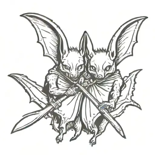 two headed bat holding a spiked bat and a sickle  tattoo design idea