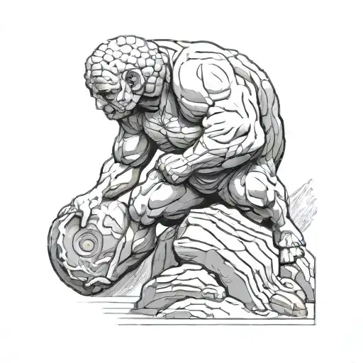 Sisyphus pushing a boulder uphill tattoo design idea