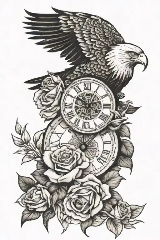 clock roman number eagle, 2 roses, elegant, arm sleeve, shoulder, 3/12, family, texas tech matador tattoo design idea