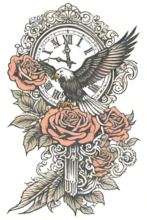 clock roman candles, eagle, 2 roses, elegant, arm sleeve, shoulder, 3/12, family, texas tech matador  tattoo design idea