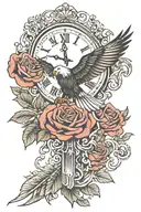 clock roman candles, eagle, 2 roses, elegant, arm sleeve, shoulder, 3/12, family, texas tech matador  tattoo design idea