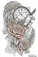 clock roman candles, eagle, 2 roses, elegant, arm sleeve, shoulder, 3/12, family, texas tech matador  tattoo design idea