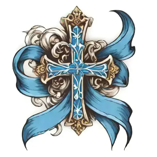 cross with blue ribbon  tattoo design idea