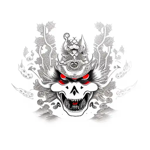 ghost of thusima mask hanging on a samurai sword surrounded by cherry blossom tattoo design idea