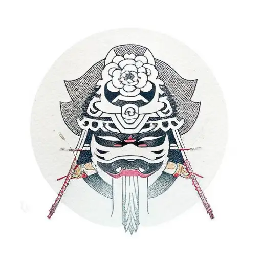 omni mask hanging on a samurai sword surrounded by cherry blossom tattoo design idea