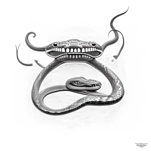 A terrifying snake with an open mouth and tongue out turning into a metal chain in three parts of its long body.  tattoo design idea