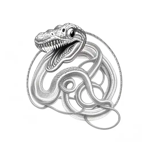 An asymetric design snake with an open mouth and tongue out turning into a metal chain in three parts of its long body.  tattoo design idea