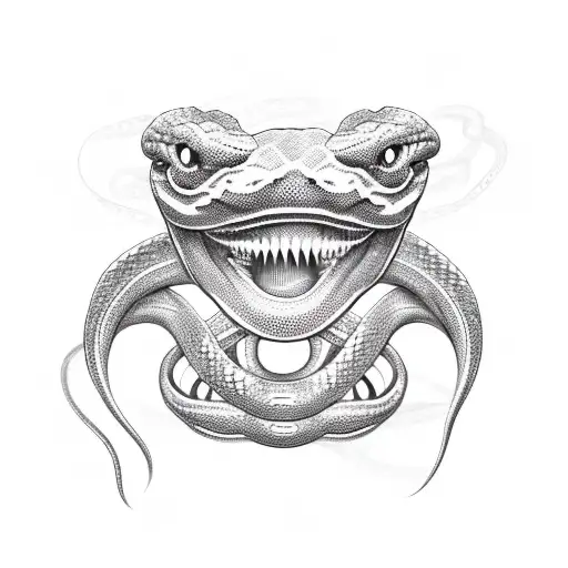 A terrifying snake with an open mouth and tongue out turning into a metal chain in three parts of its body. tattoo design idea